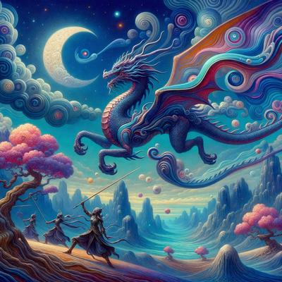 The primary subject of the image is a dragon, which is flying in the sky. The dragon is surrounded by a beautiful and colorful landscape, featuring a mountain range and a body of water. The visual style of the image is a combination of digital art and illustration, creating a vibrant and imaginative scene. The colors and mood of the image are lively and energetic, with the dragon and its surroundings exuding a sense of adventure and magic.